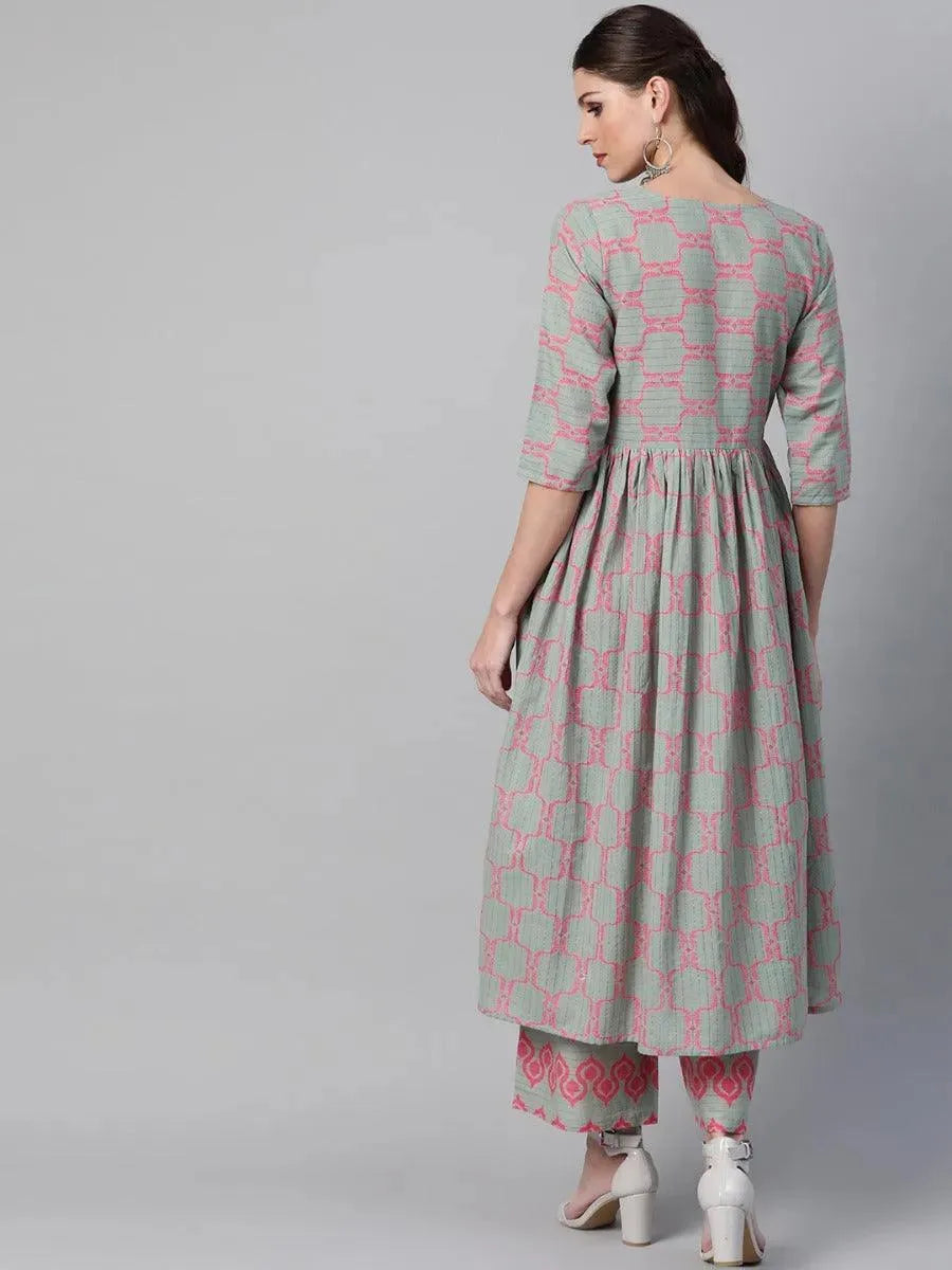 Anouk Green Printed Cotton A-Line Kurta With Trousers
