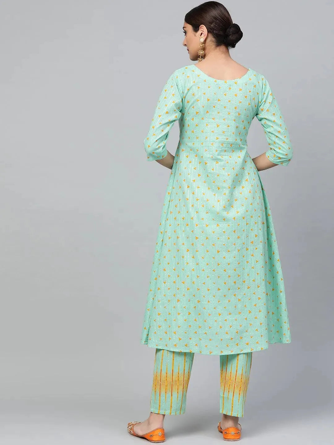 Anouk Green Printed Cotton A-Line Kurta With Trousers