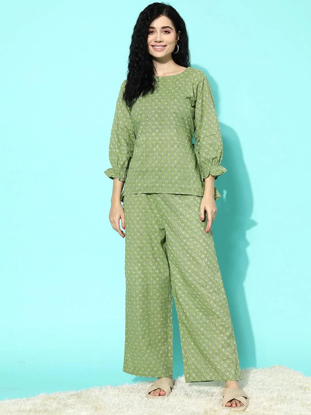 Anouk Green Printed Cotton Night Suit