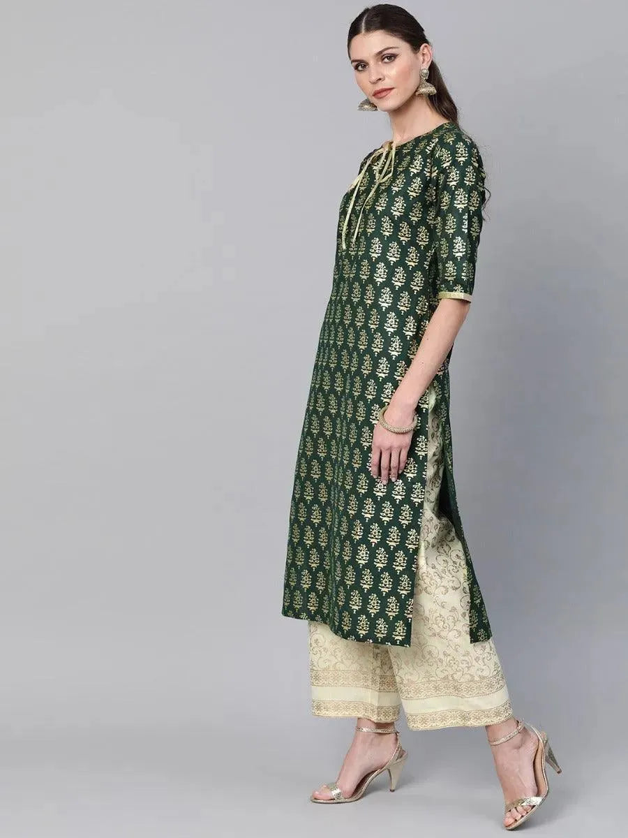 Anouk Green Printed Cotton Straight Kurta With Palazzos