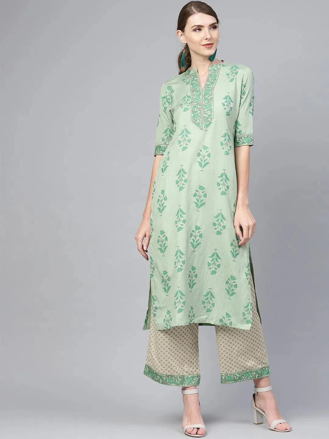 Anouk Green Printed Cotton Straight Kurta With Palazzos
