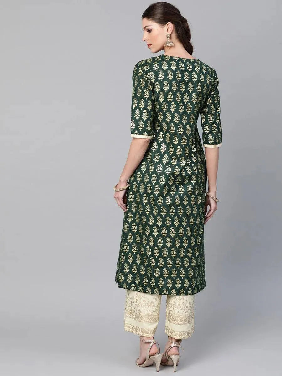 Anouk Green Printed Cotton Straight Kurta With Palazzos