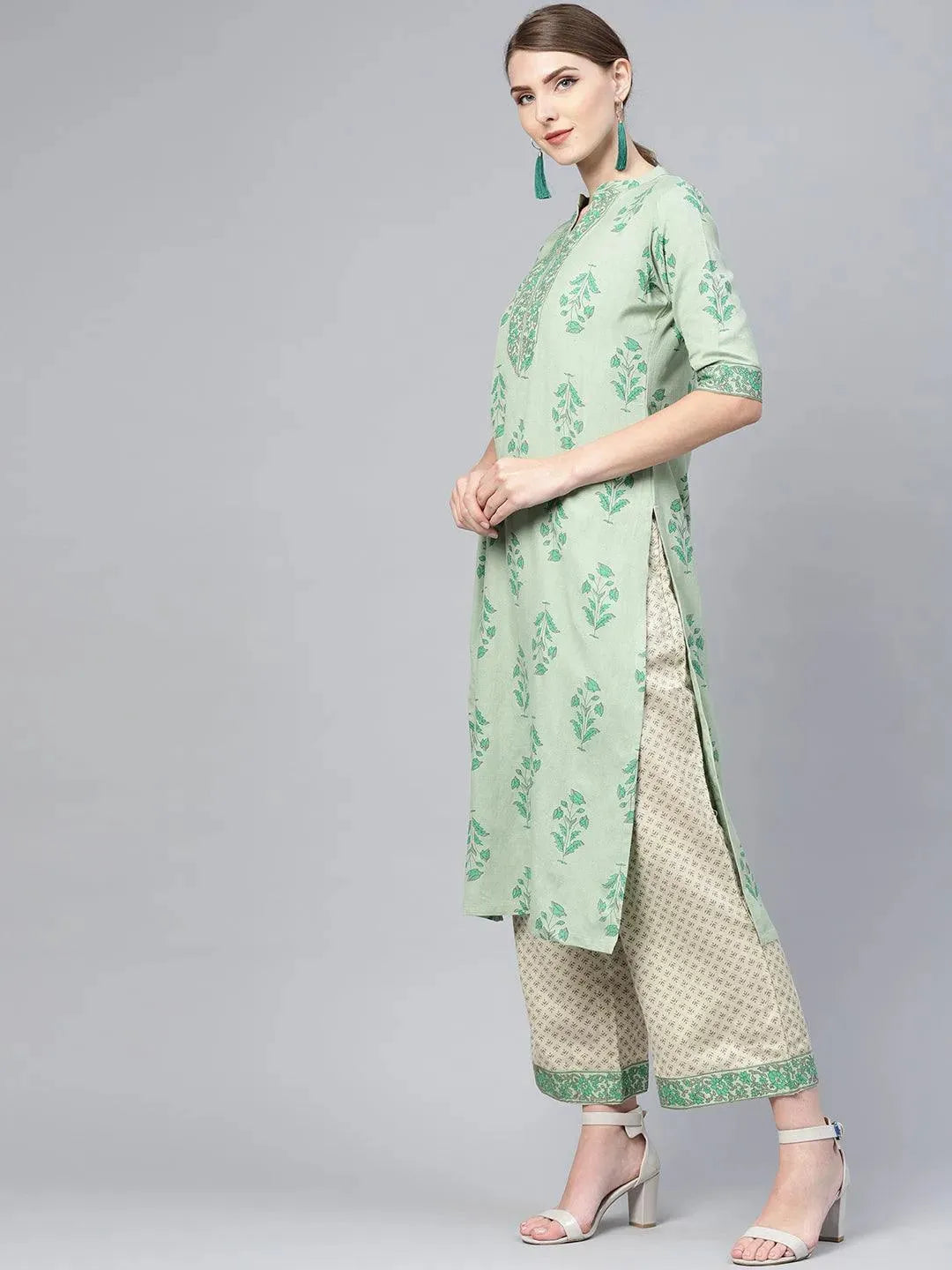 Anouk Green Printed Cotton Straight Kurta With Palazzos