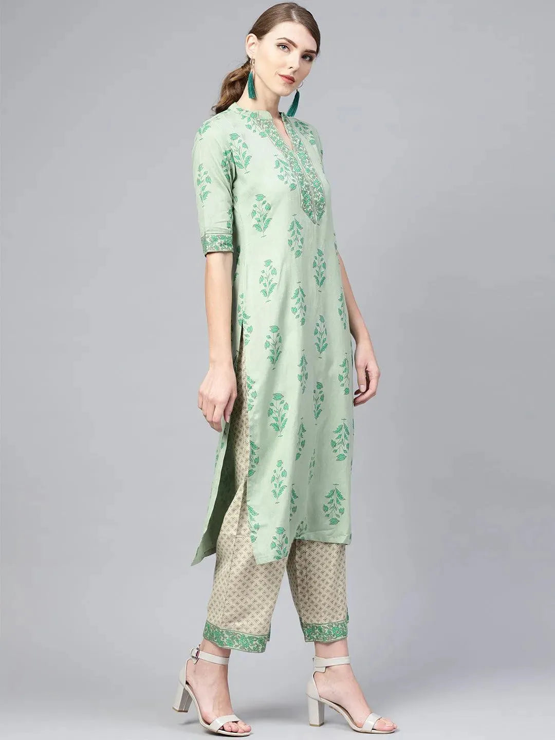 Anouk Green Printed Cotton Straight Kurta With Palazzos