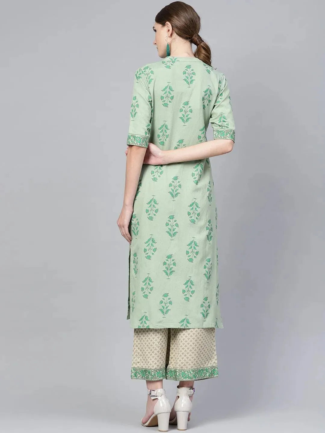 Anouk Green Printed Cotton Straight Kurta With Palazzos