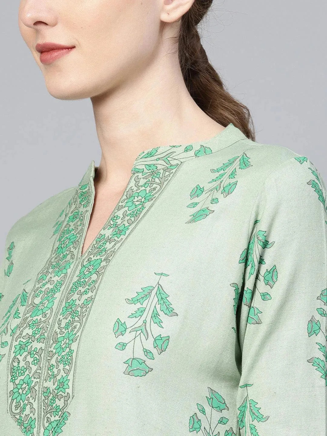 Anouk Green Printed Cotton Straight Kurta With Palazzos