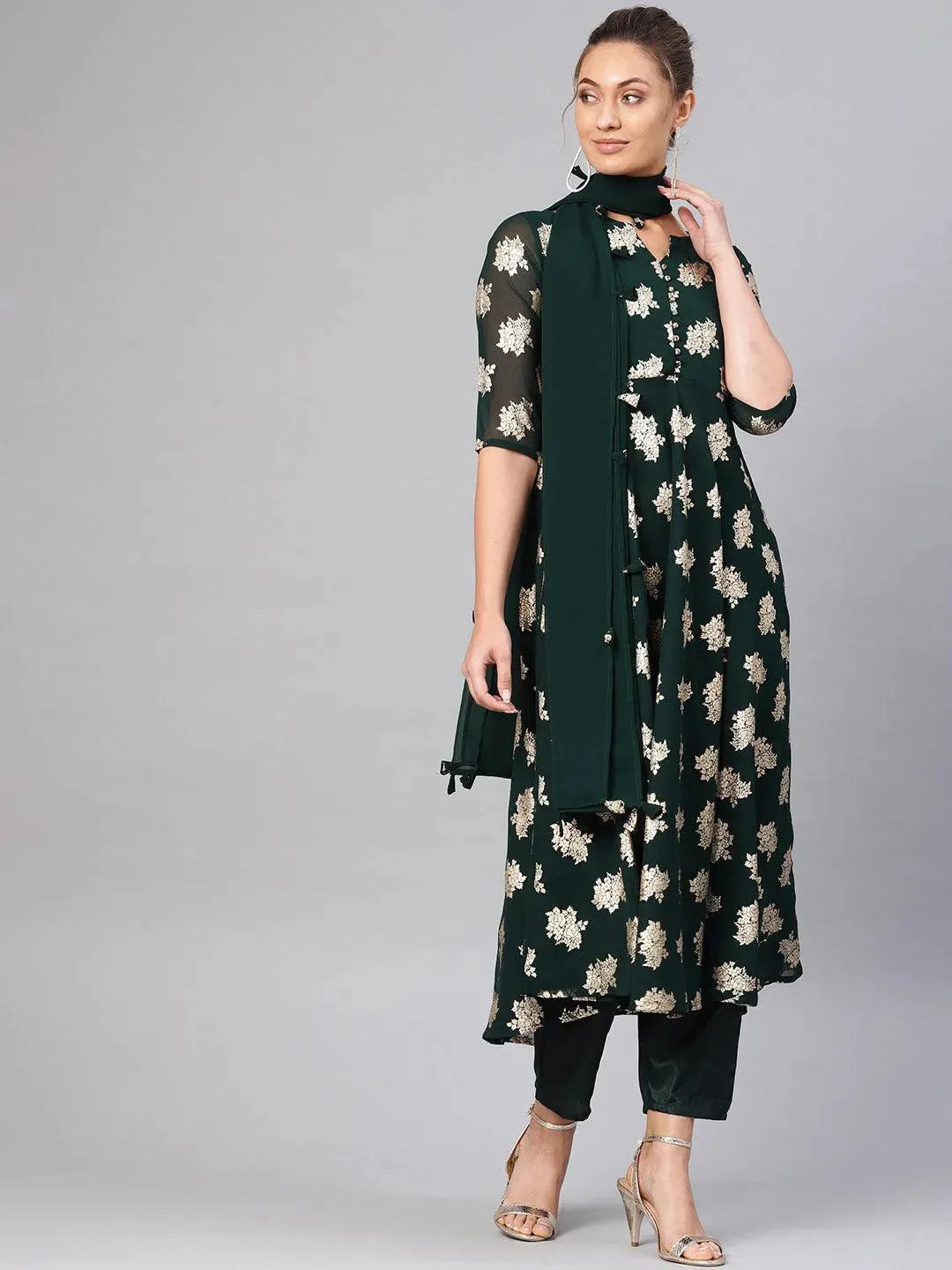 Anouk Green Printed Georgette Anarkali Kurta With Stole