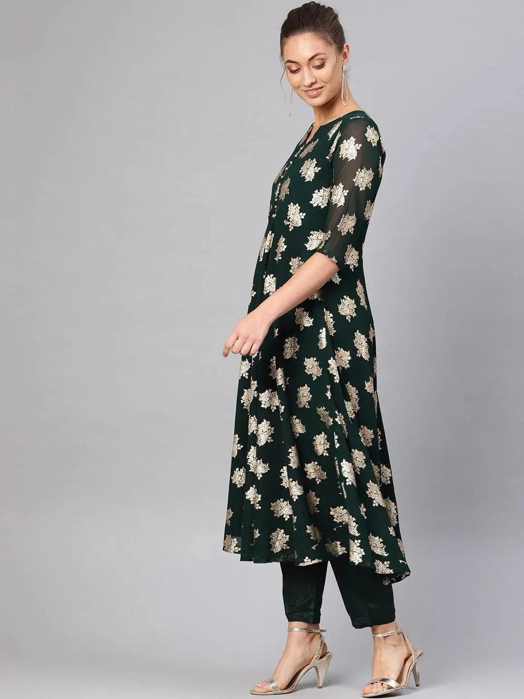 Anouk Green Printed Georgette Anarkali Kurta With Stole