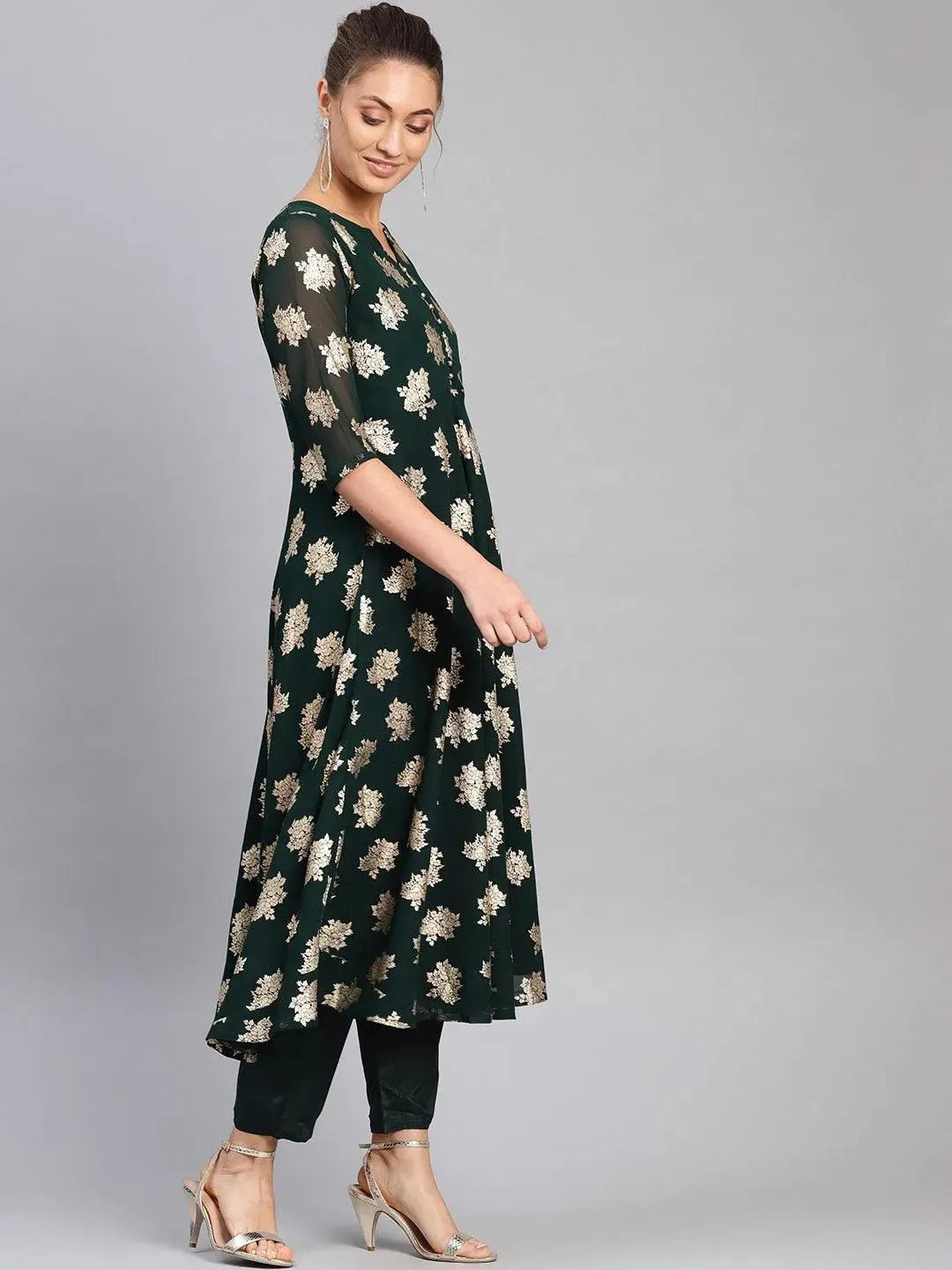 Anouk Green Printed Georgette Anarkali Kurta With Stole