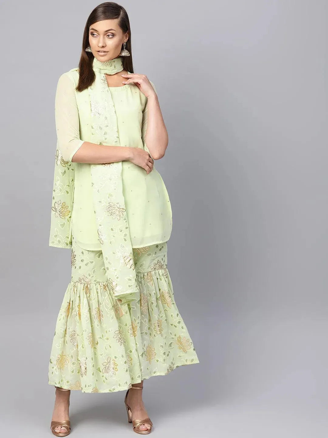 Anouk Green Printed Georgette Pathani Kurta With Sharara & Dupatta