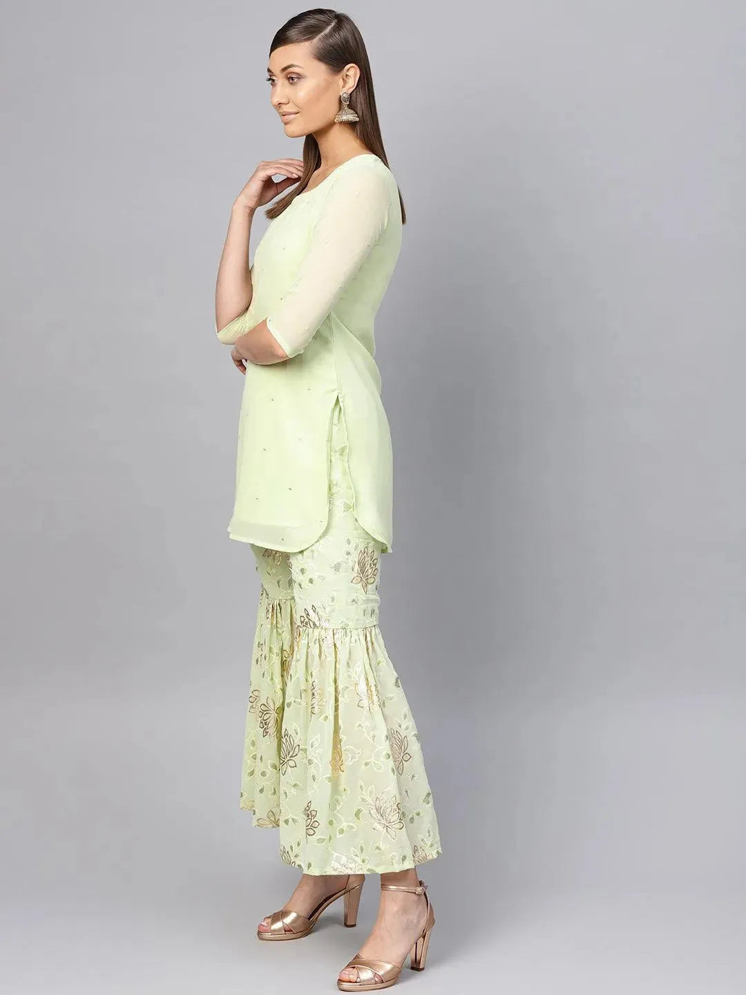 Anouk Green Printed Georgette Pathani Kurta With Sharara & Dupatta
