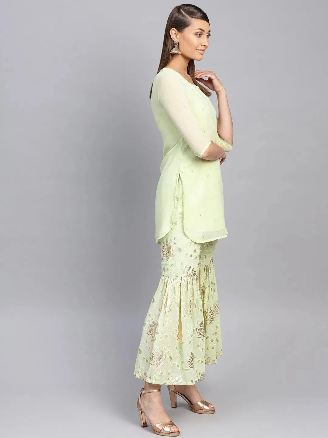 Anouk Green Printed Georgette Pathani Kurta With Sharara & Dupatta