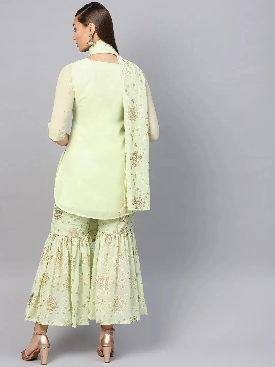Anouk Green Printed Georgette Pathani Kurta With Sharara & Dupatta