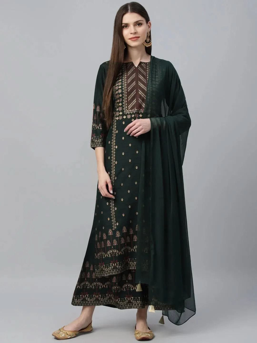 Anouk Green Printed Polyester Straight Kurta With Palazzos & Dupatta
