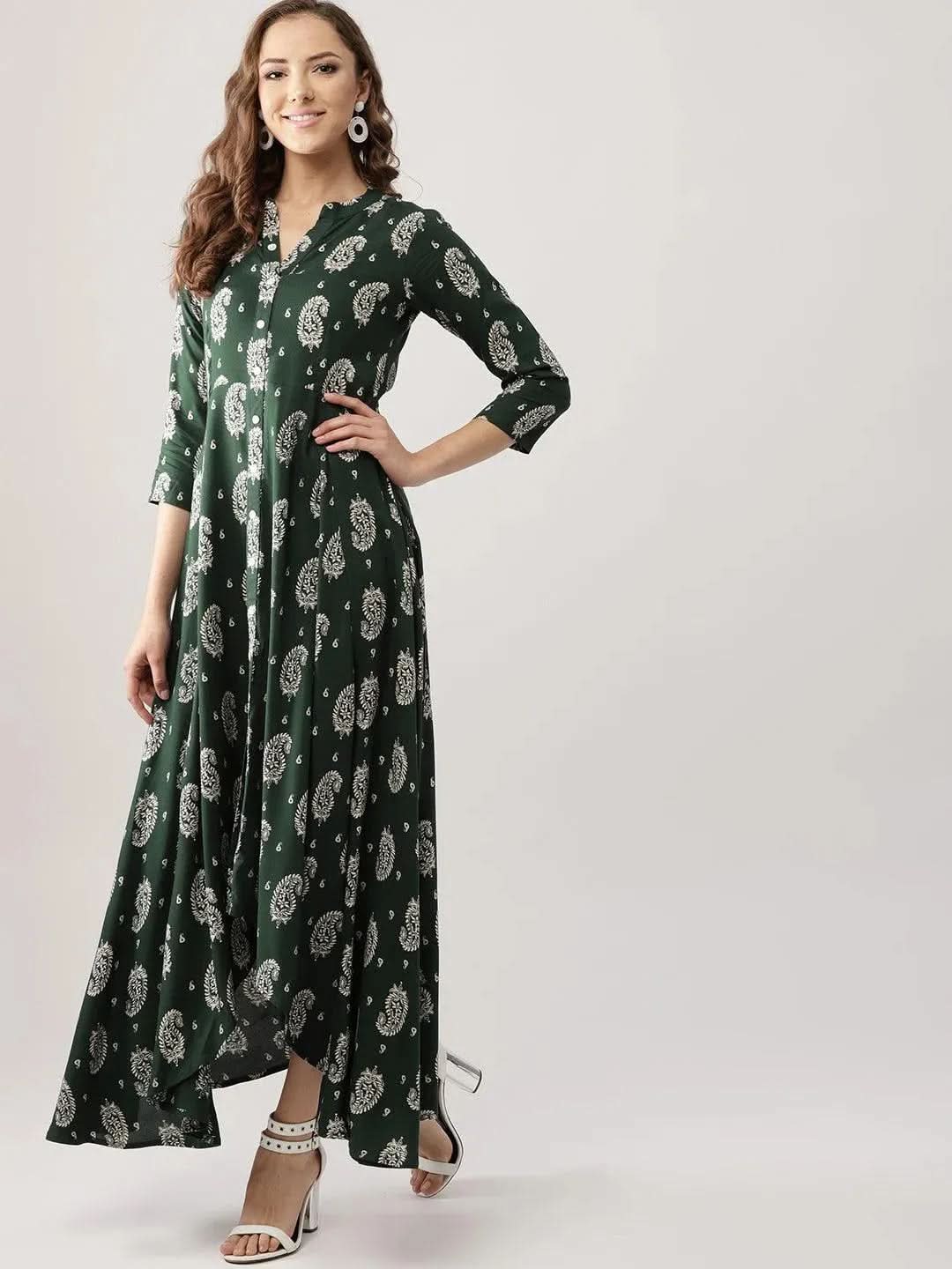 Anouk Green Printed Rayon Dress