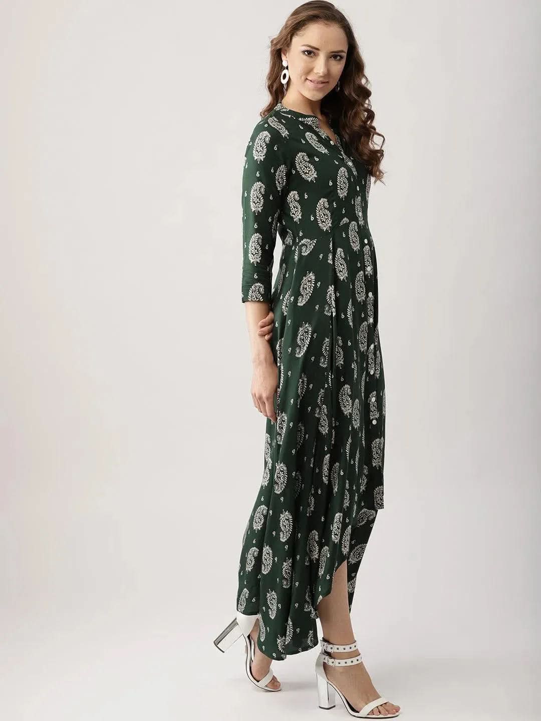 Anouk Green Printed Rayon Dress