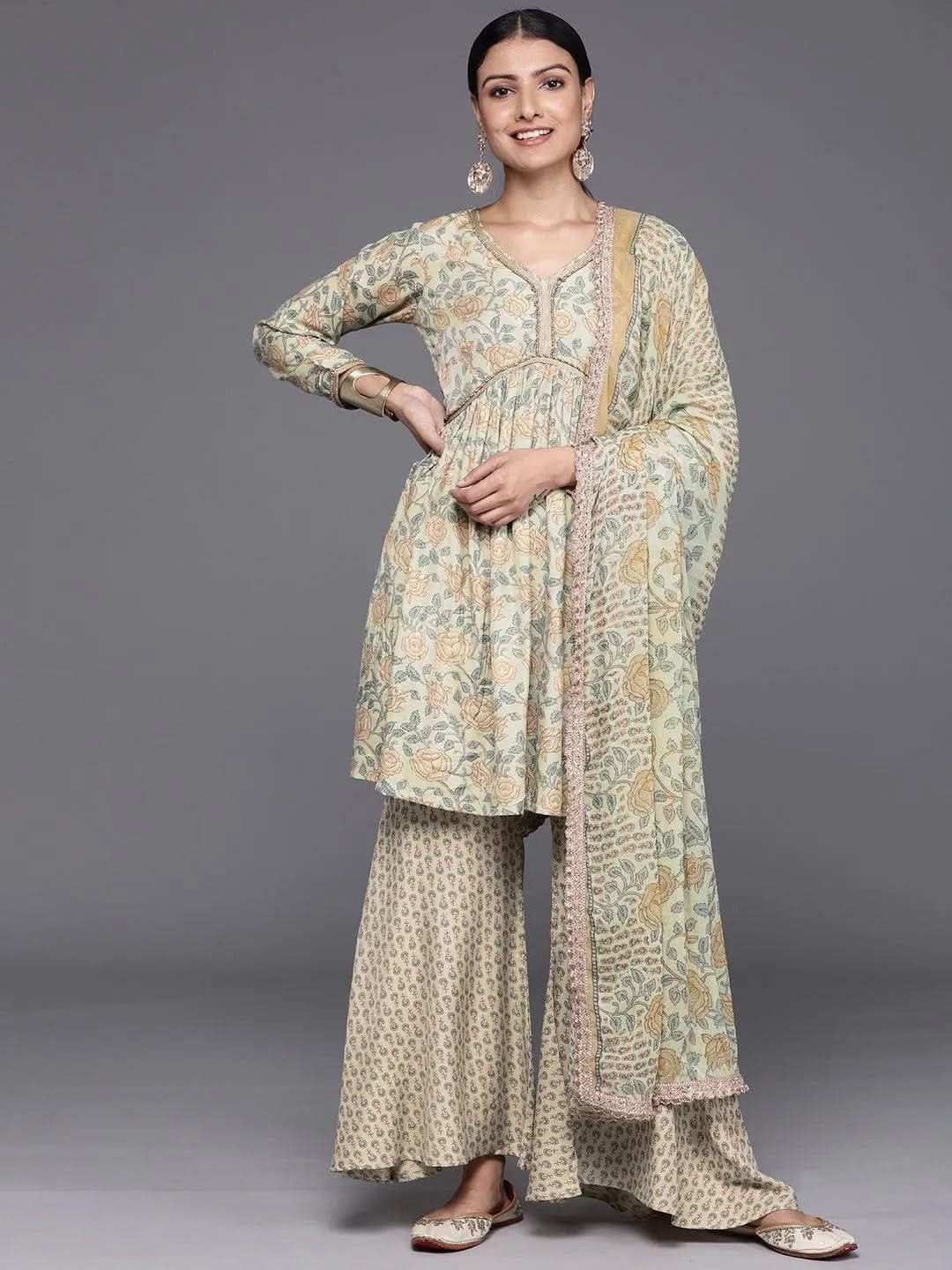 Anouk Green Printed Silk Blend A-Line Sharara Suit Set With Dupatta