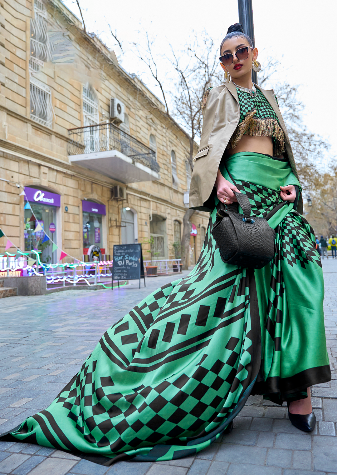 Green Queen Digital Printed Satin Crepe Saree with Blouse Piece – Festive & Partywear