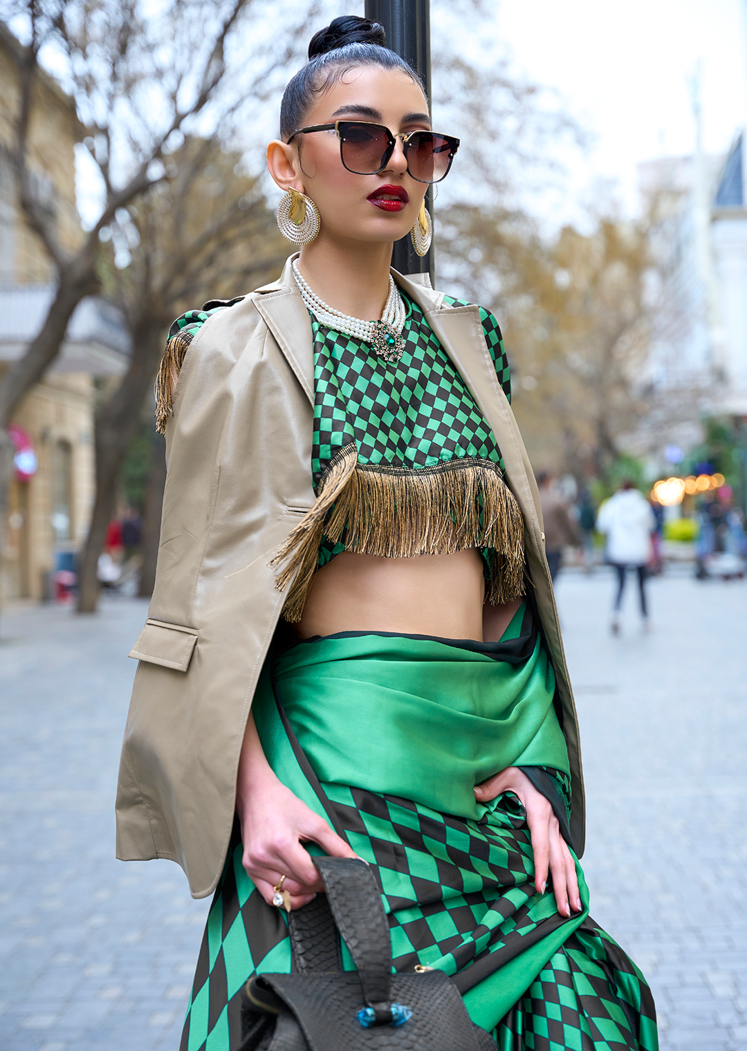 Green Queen Digital Printed Satin Crepe Saree with Blouse Piece – Festive & Partywear
