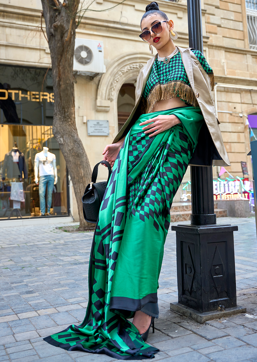 Green Queen Digital Printed Satin Crepe Saree with Blouse Piece – Festive & Partywear