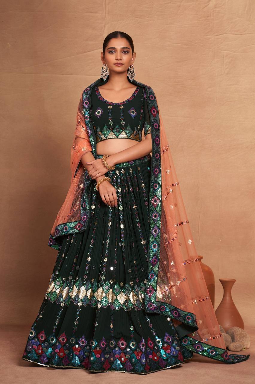 Green Regal Embroidered Georgette Lehenga Set – A Perfect Blend of Grace & Glamour
