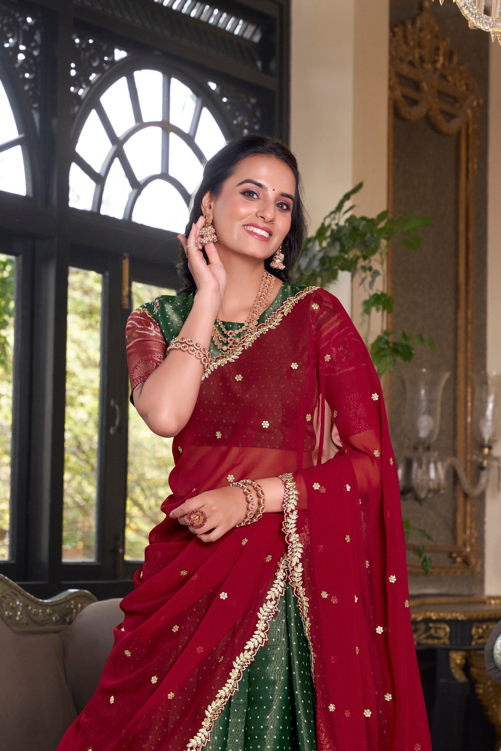 Green Regal Kanchipuram Zari Woven Lehenga Set with Embroidered Georgette Dupatta – Stitched Lehenga & Unstitched Blouse