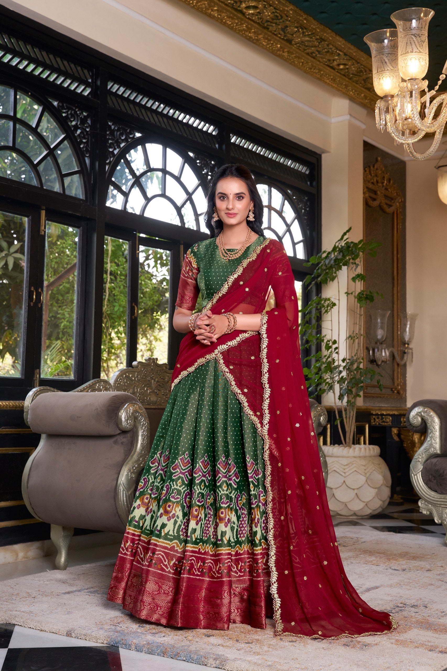 Green Regal Kanchipuram Zari Woven Lehenga Set with Embroidered Georgette Dupatta – Stitched Lehenga & Unstitched Blouse