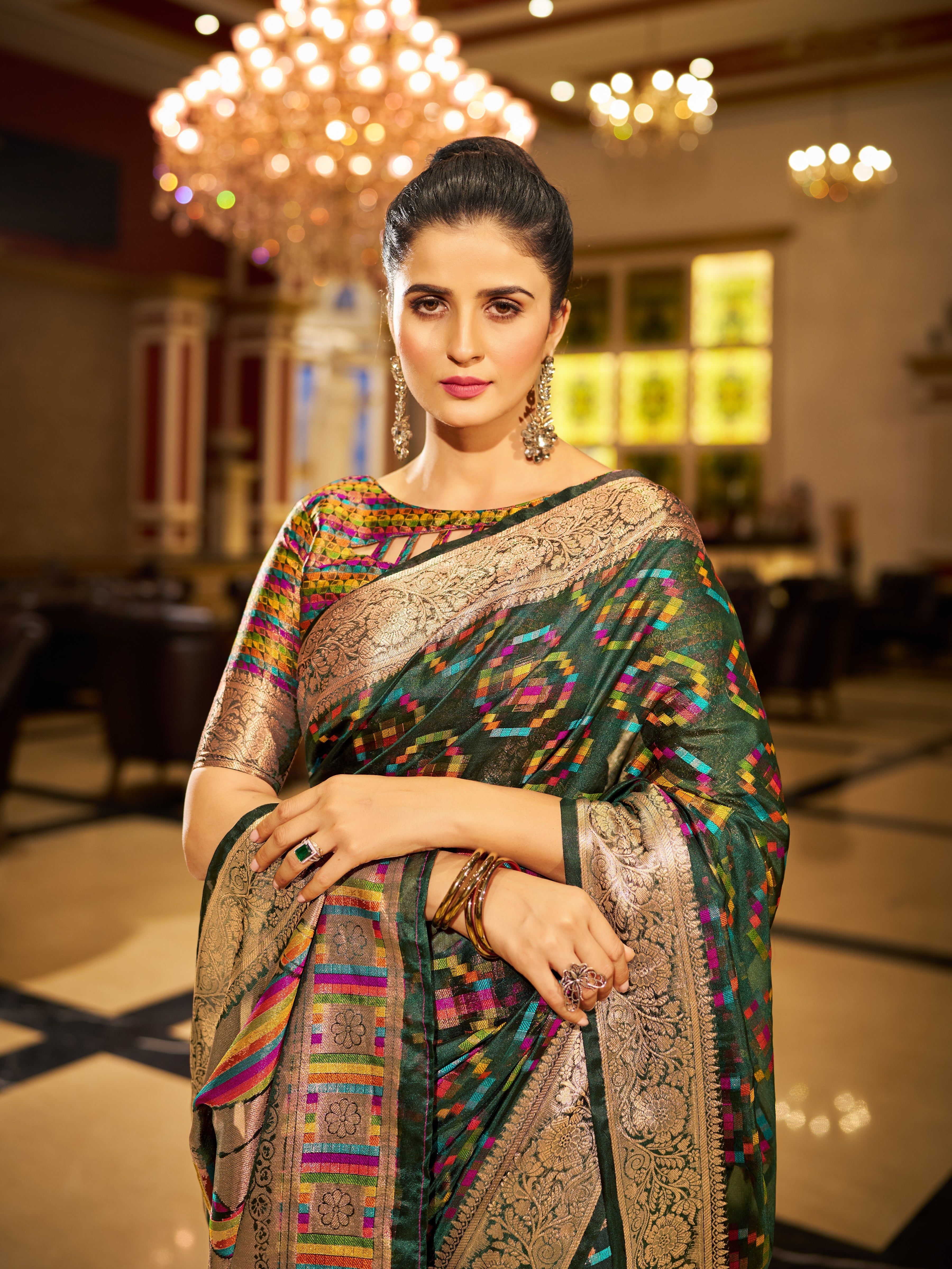 Green Regal Kanjeevaram Organza Saree with Zari Woven Border