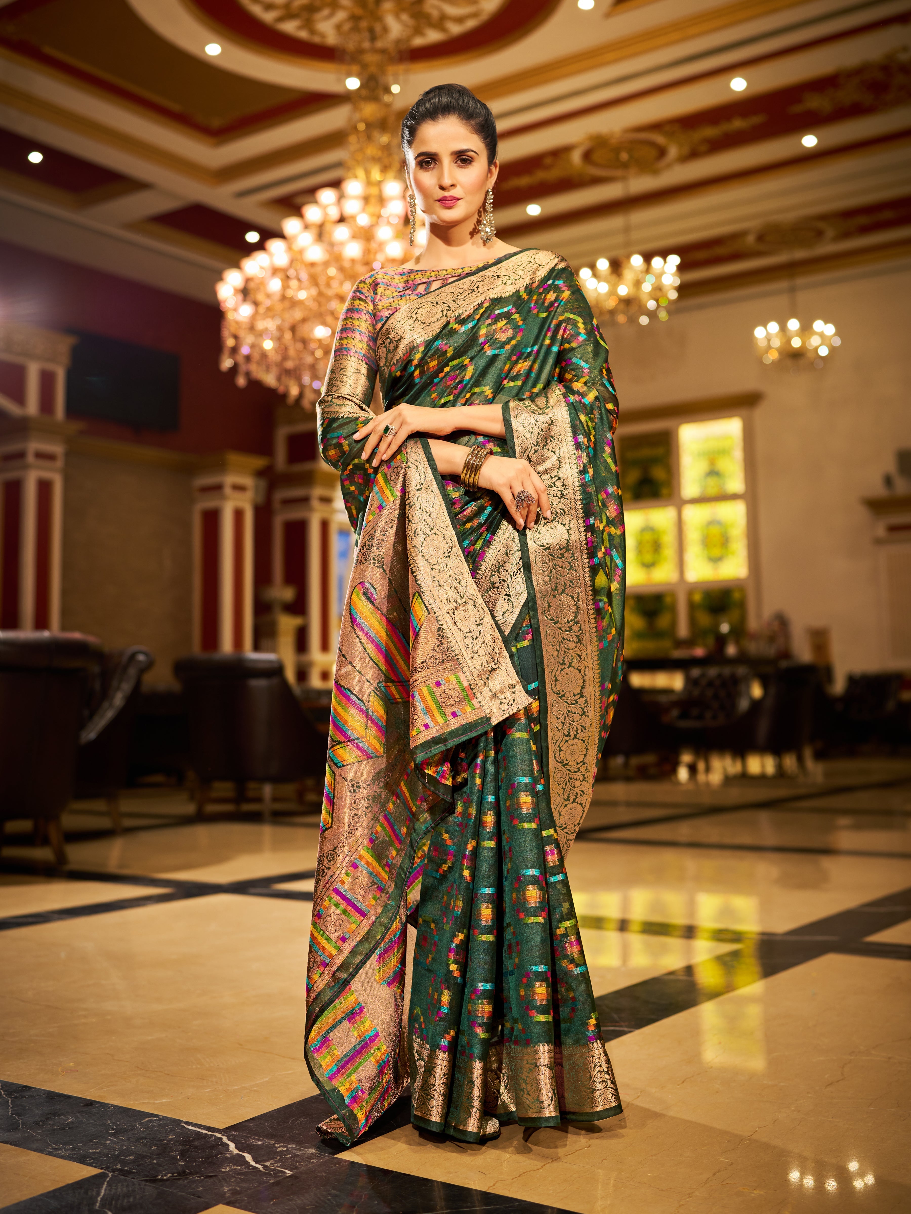 Green Regal Kanjeevaram Organza Saree with Zari Woven Border