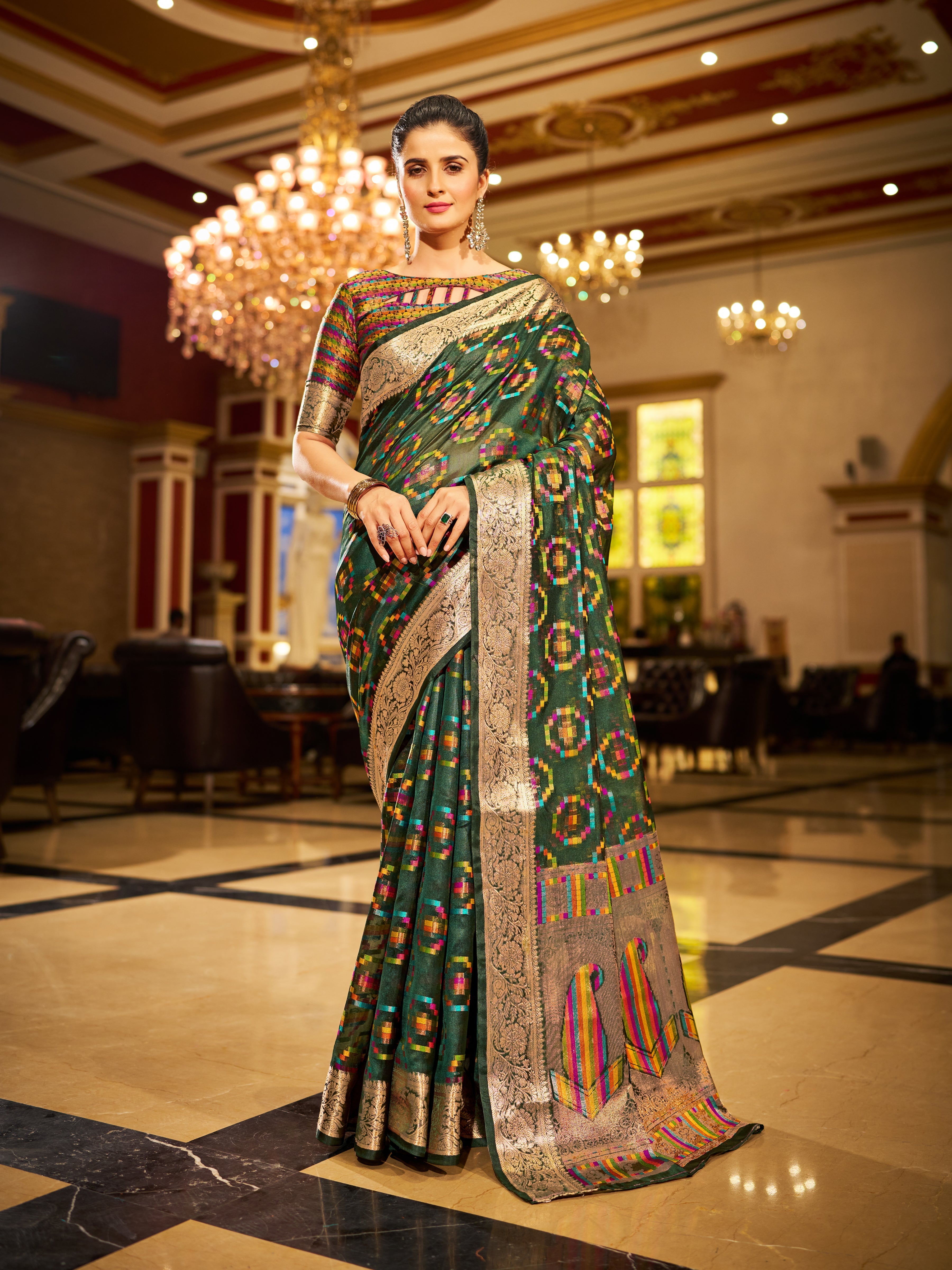 Green Regal Kanjeevaram Organza Saree with Zari Woven Border