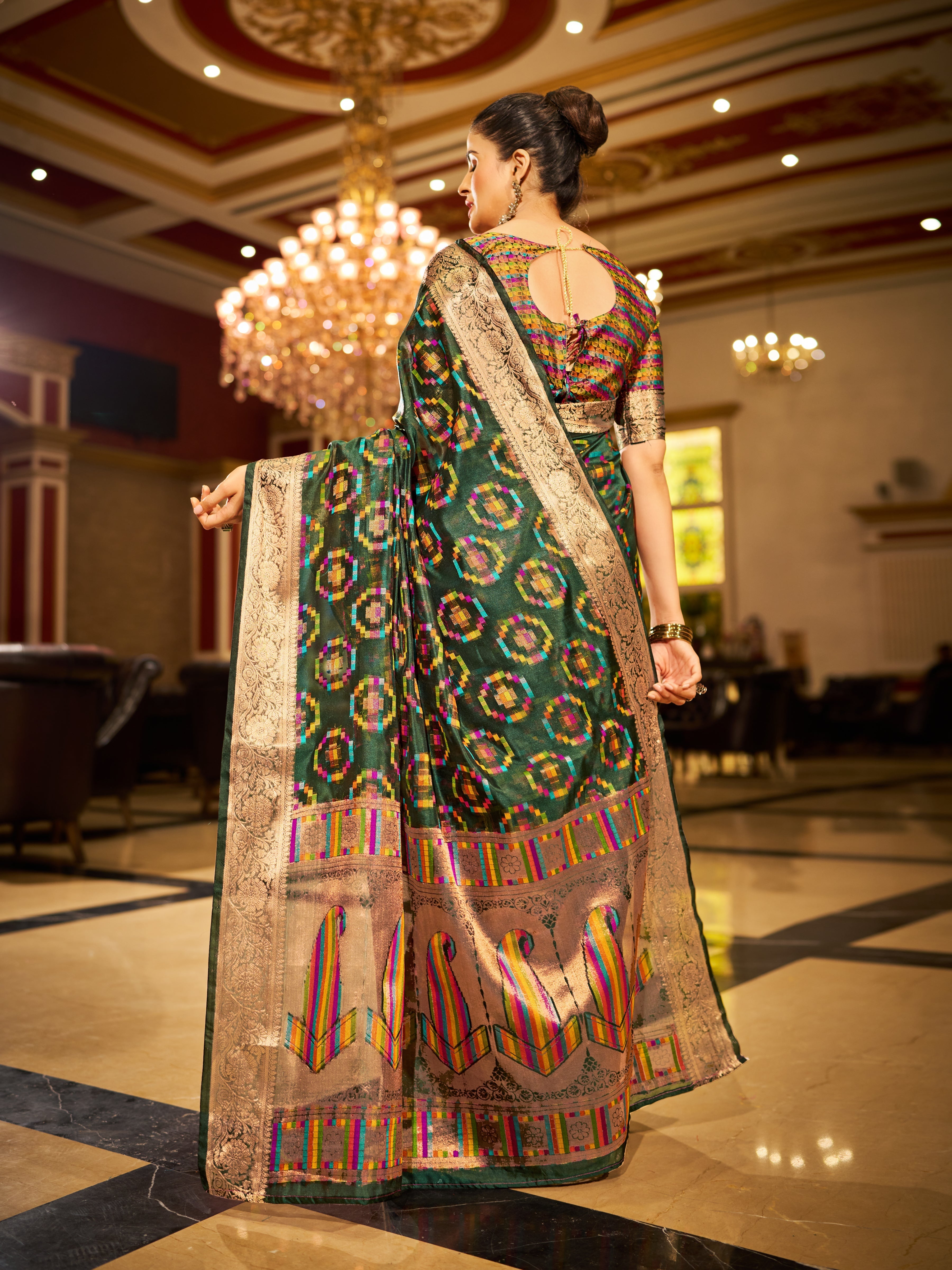 Green Regal Kanjeevaram Organza Saree with Zari Woven Border