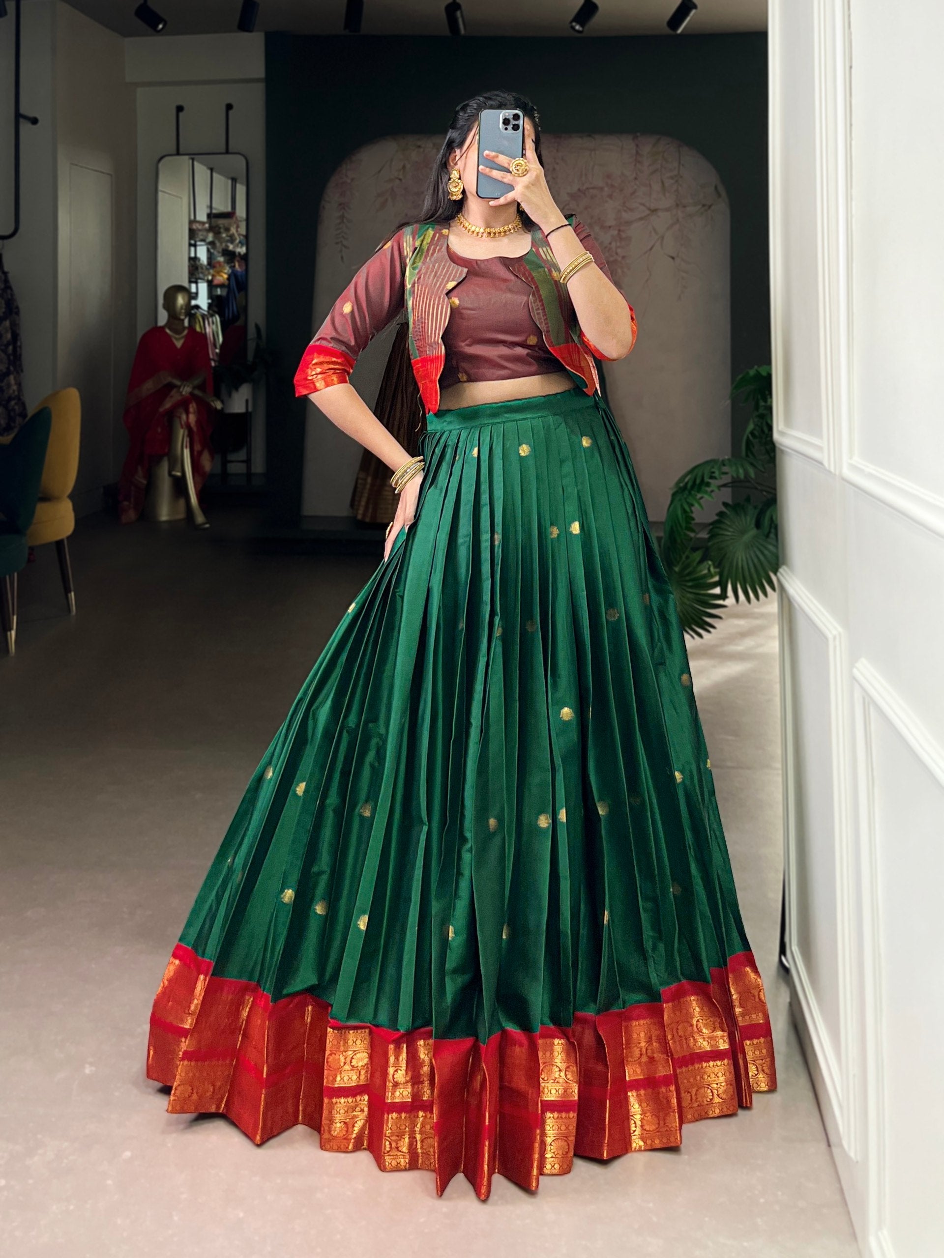 Green Regal Poly Cotton Zari Weaving Work Lehenga Set – Stitched 5-Meter Flair Lehenga with Matching Blouse & Koti