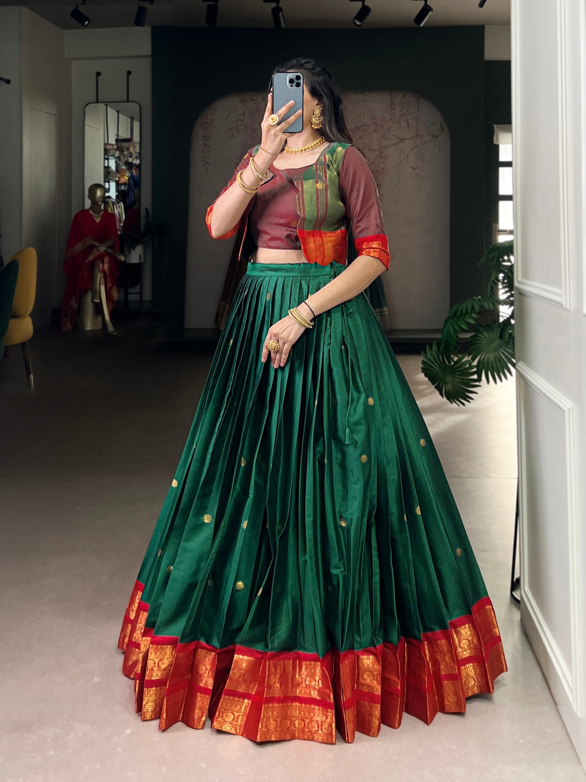 Green Regal Poly Cotton Zari Weaving Work Lehenga Set – Stitched 5-Meter Flair Lehenga with Matching Blouse & Koti