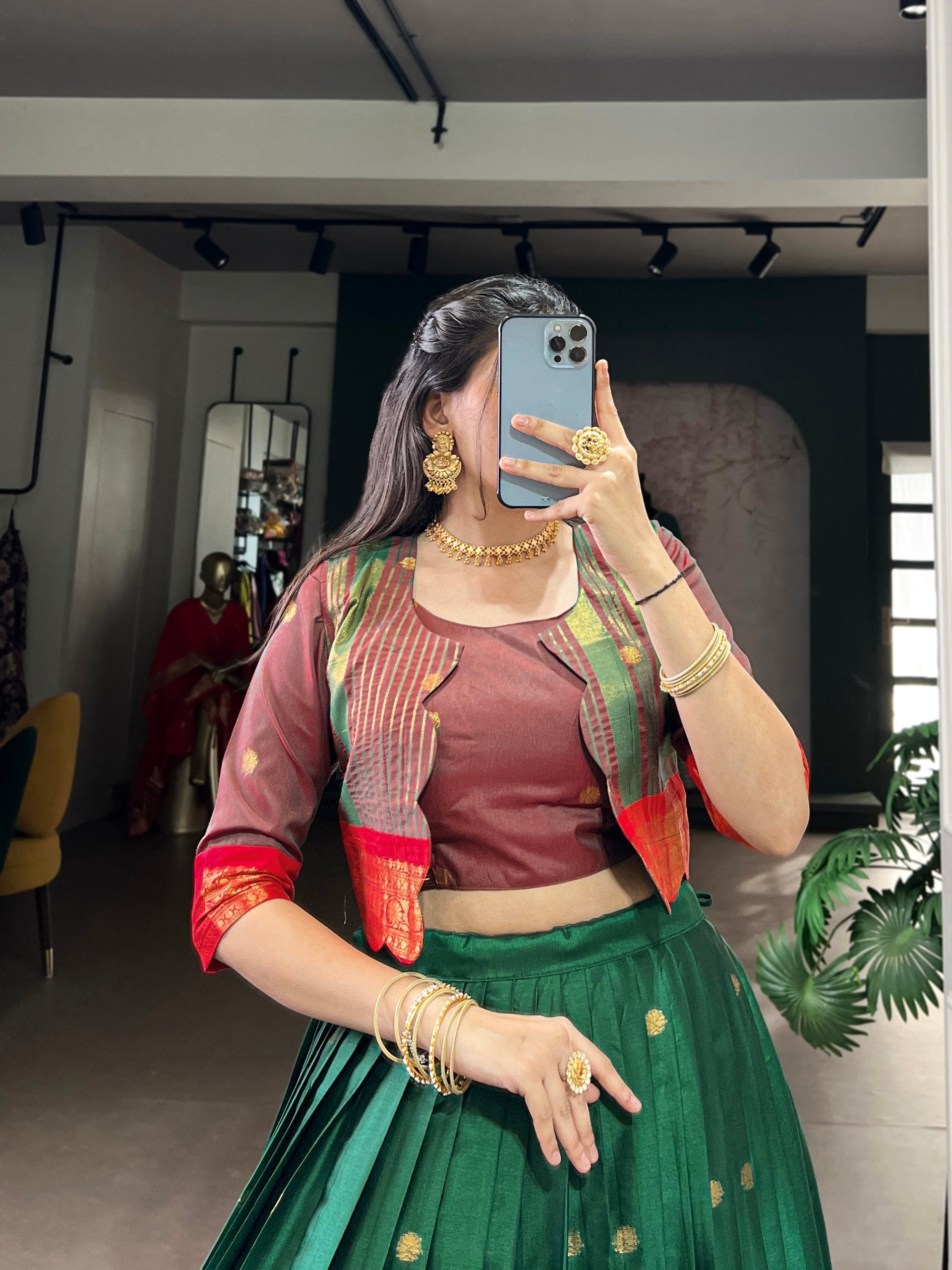 Green Regal Poly Cotton Zari Weaving Work Lehenga Set – Stitched 5-Meter Flair Lehenga with Matching Blouse & Koti
