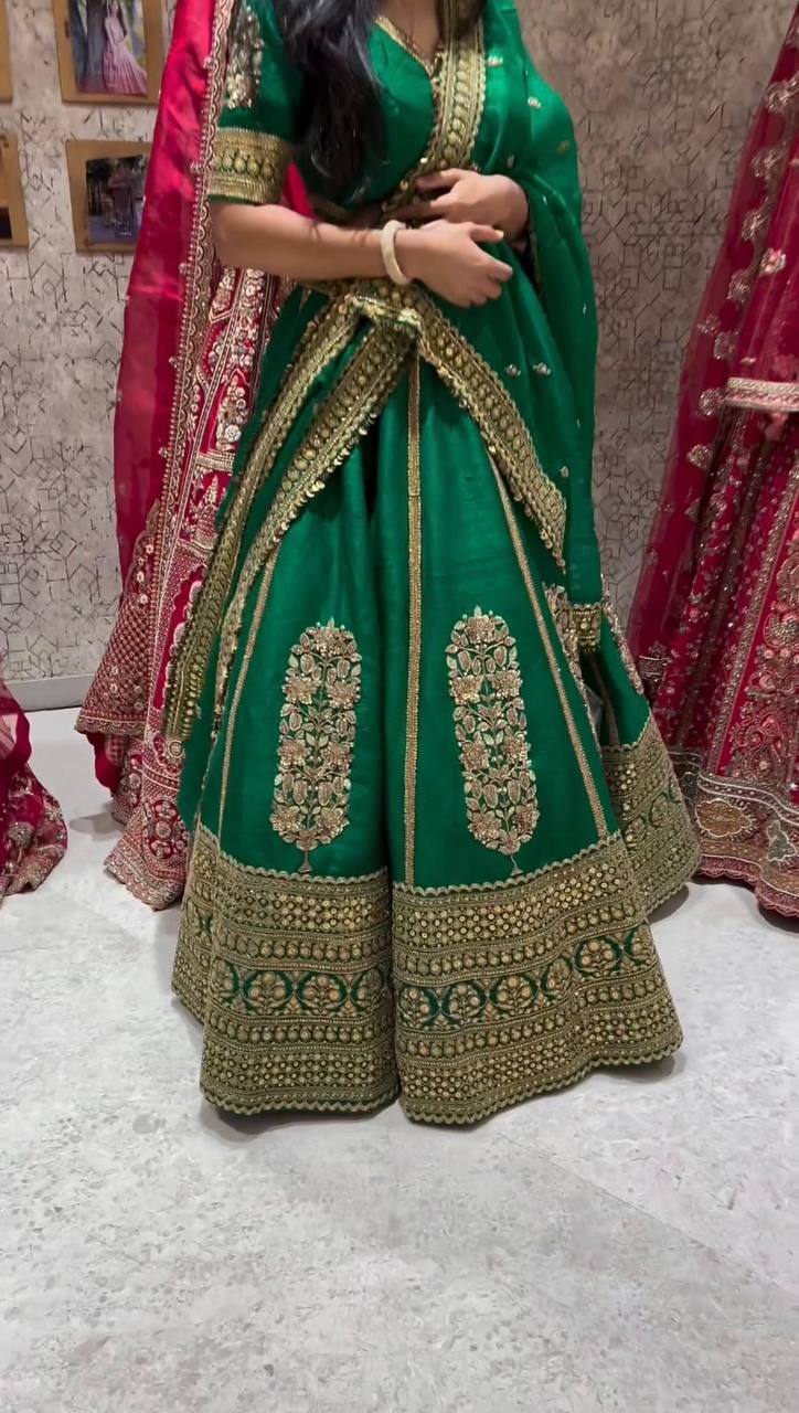 Green Royal Malbari Silk Lehenga Set with Sequin Embroidery & Designer Dupatta