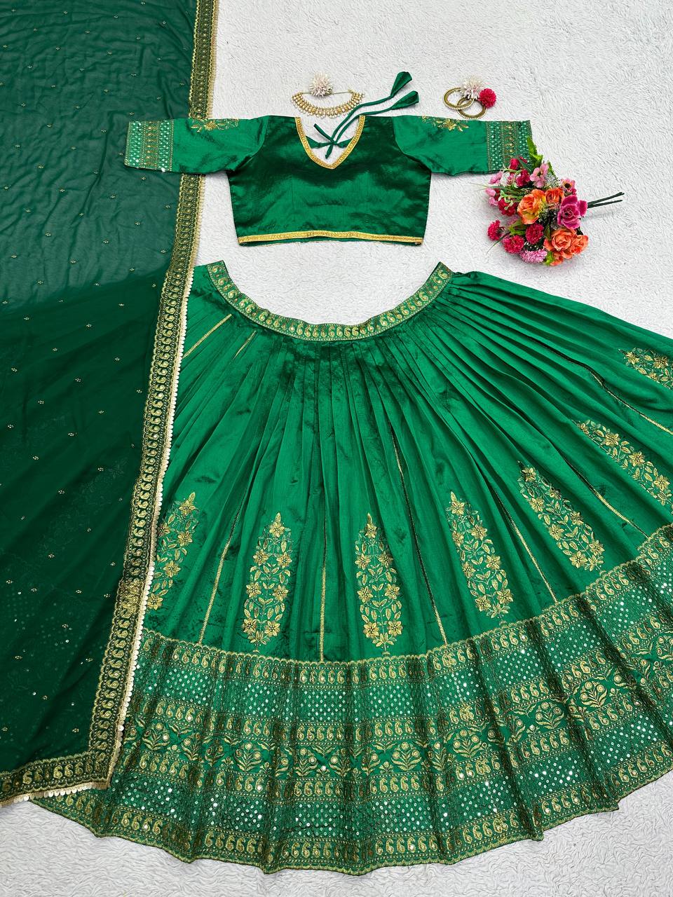 Green Royal Malbari Silk Lehenga Set with Sequin Embroidery & Designer Dupatta