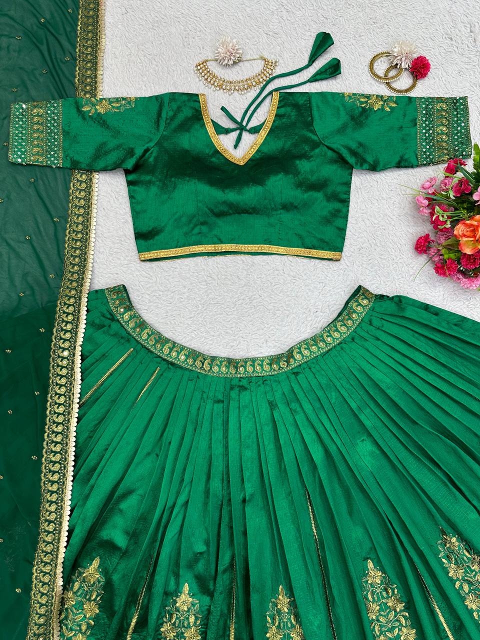 Green Royal Malbari Silk Lehenga Set with Sequin Embroidery & Designer Dupatta