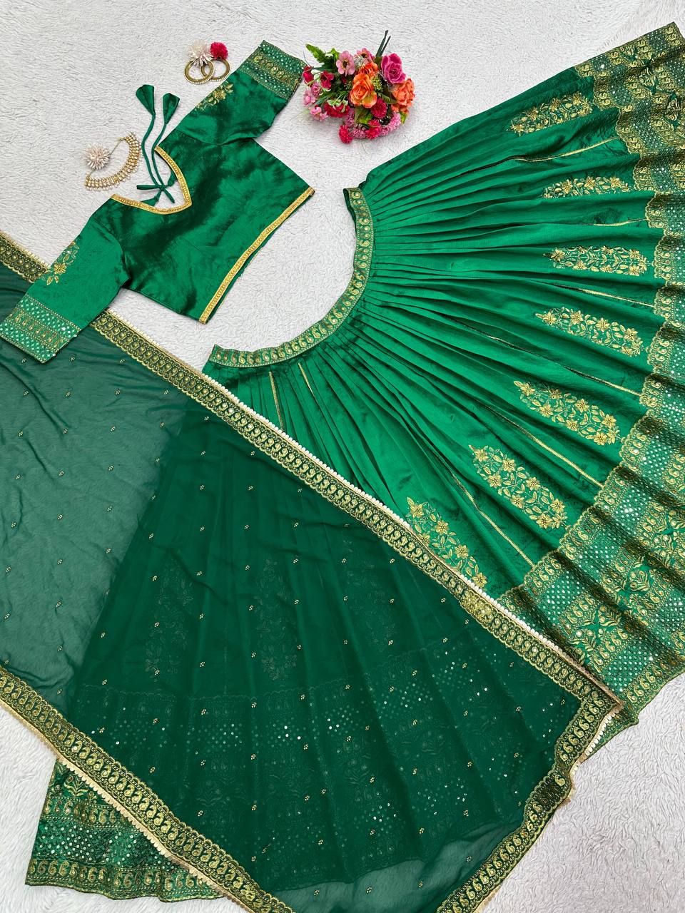 Green Royal Malbari Silk Lehenga Set with Sequin Embroidery & Designer Dupatta