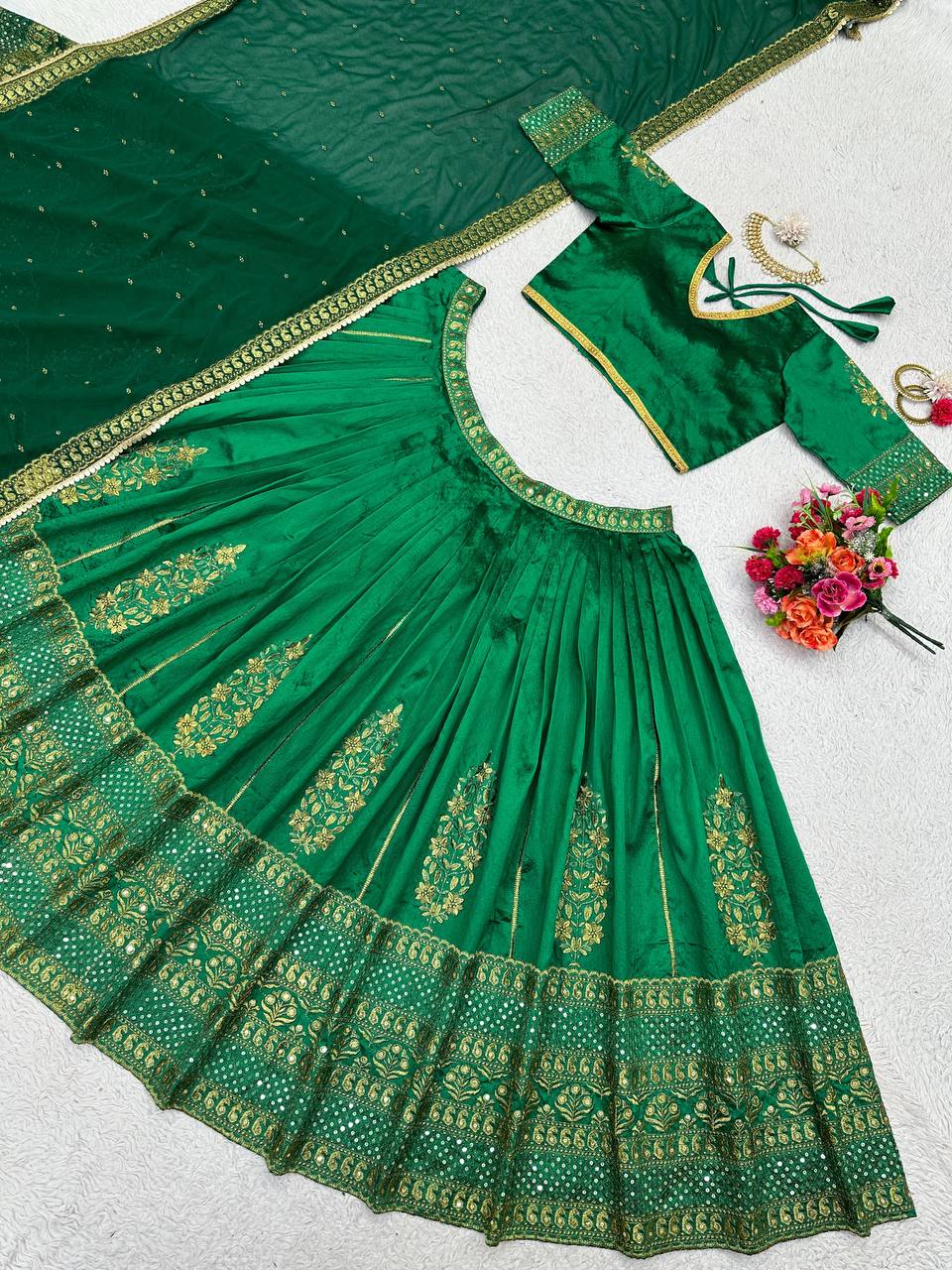 Green Royal Malbari Silk Lehenga Set with Sequin Embroidery & Designer Dupatta