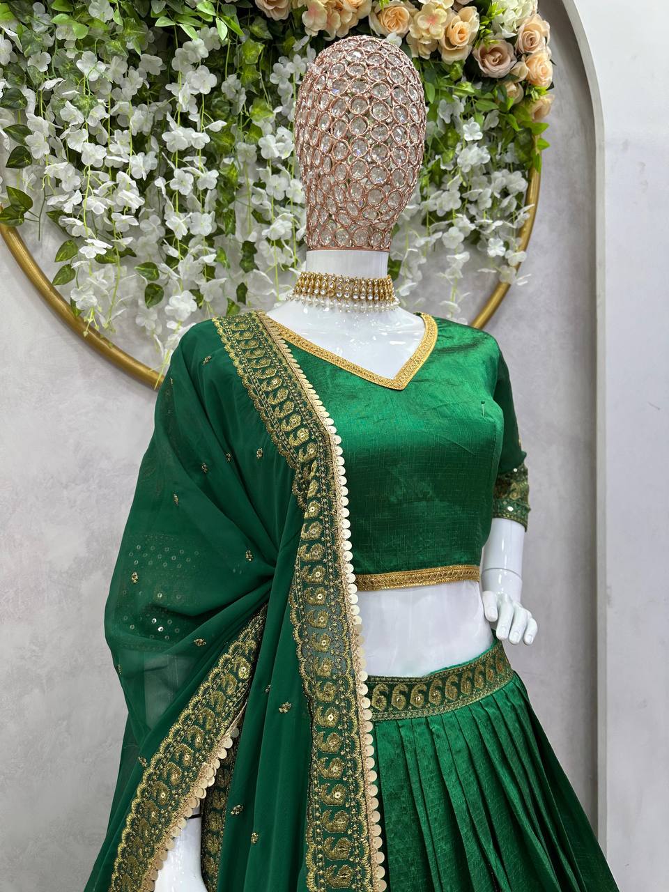 Green Royal Malbari Silk Lehenga Set with Sequin Embroidery & Designer Dupatta
