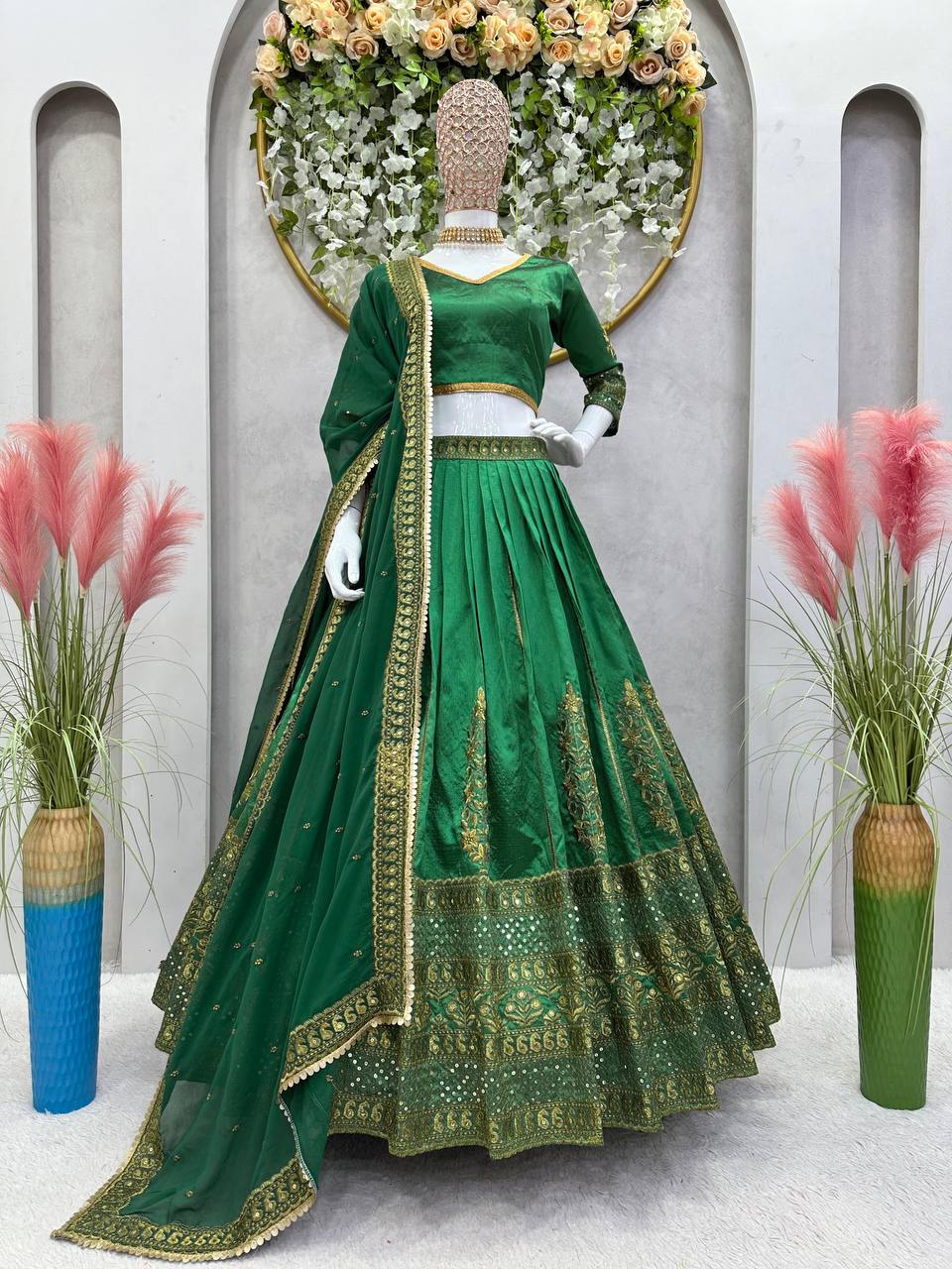 Green Royal Malbari Silk Lehenga Set with Sequin Embroidery & Designer Dupatta