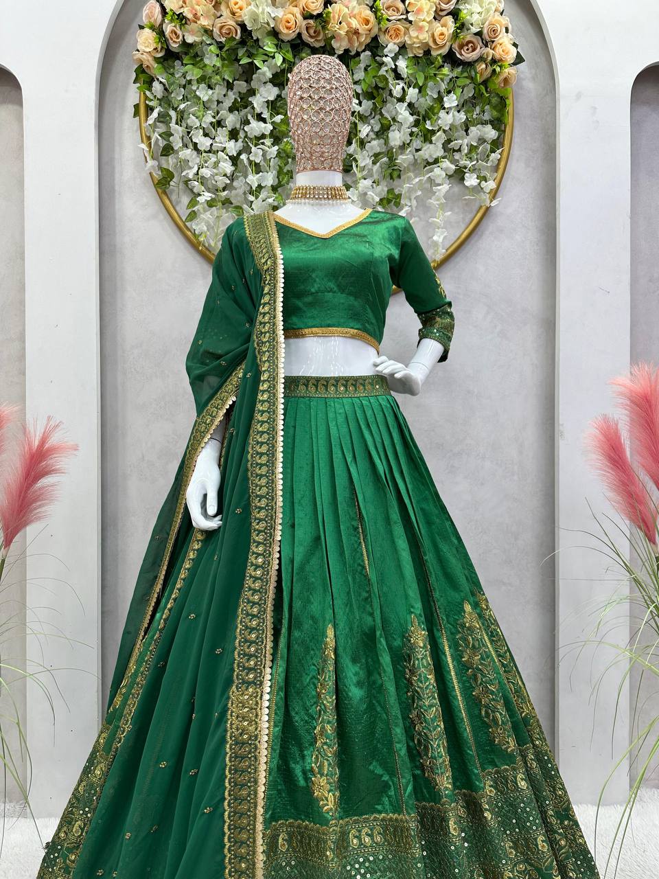 Green Royal Malbari Silk Lehenga Set with Sequin Embroidery & Designer Dupatta
