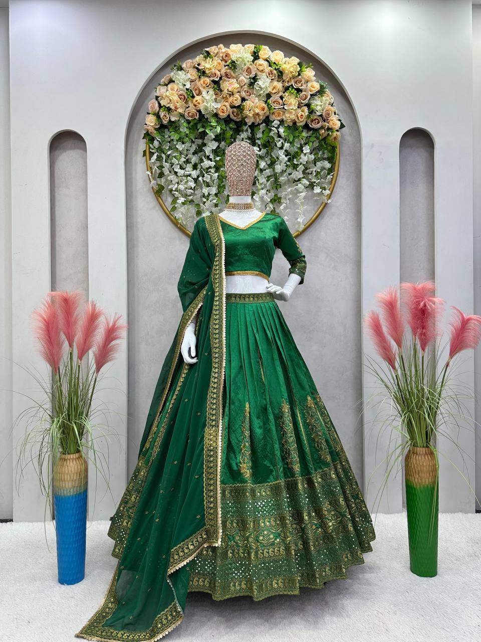 Green Royal Malbari Silk Lehenga Set with Sequin Embroidery & Designer Dupatta