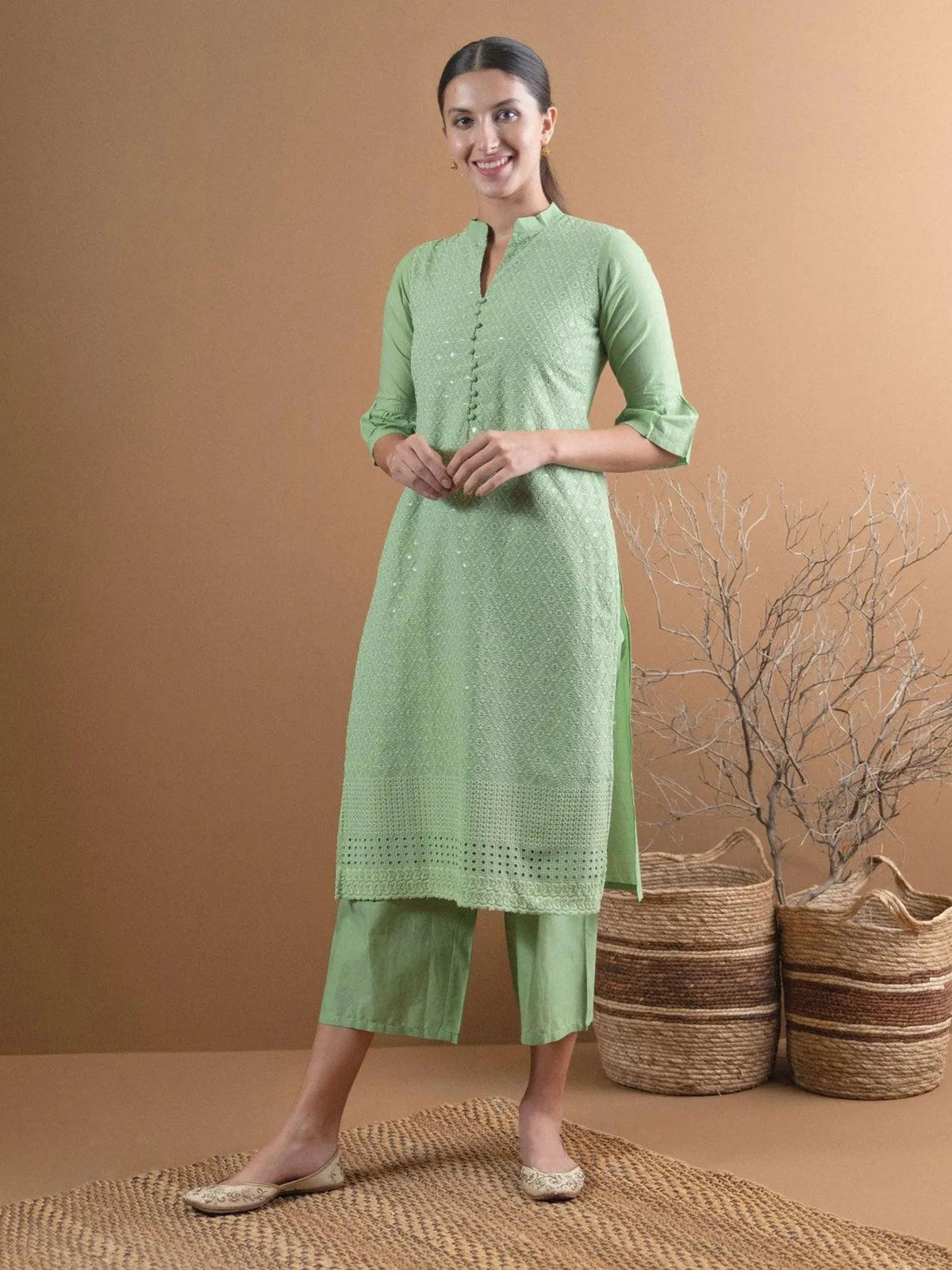 Anouk Green Schiffli Cotton Straight Kurta With Palazzos