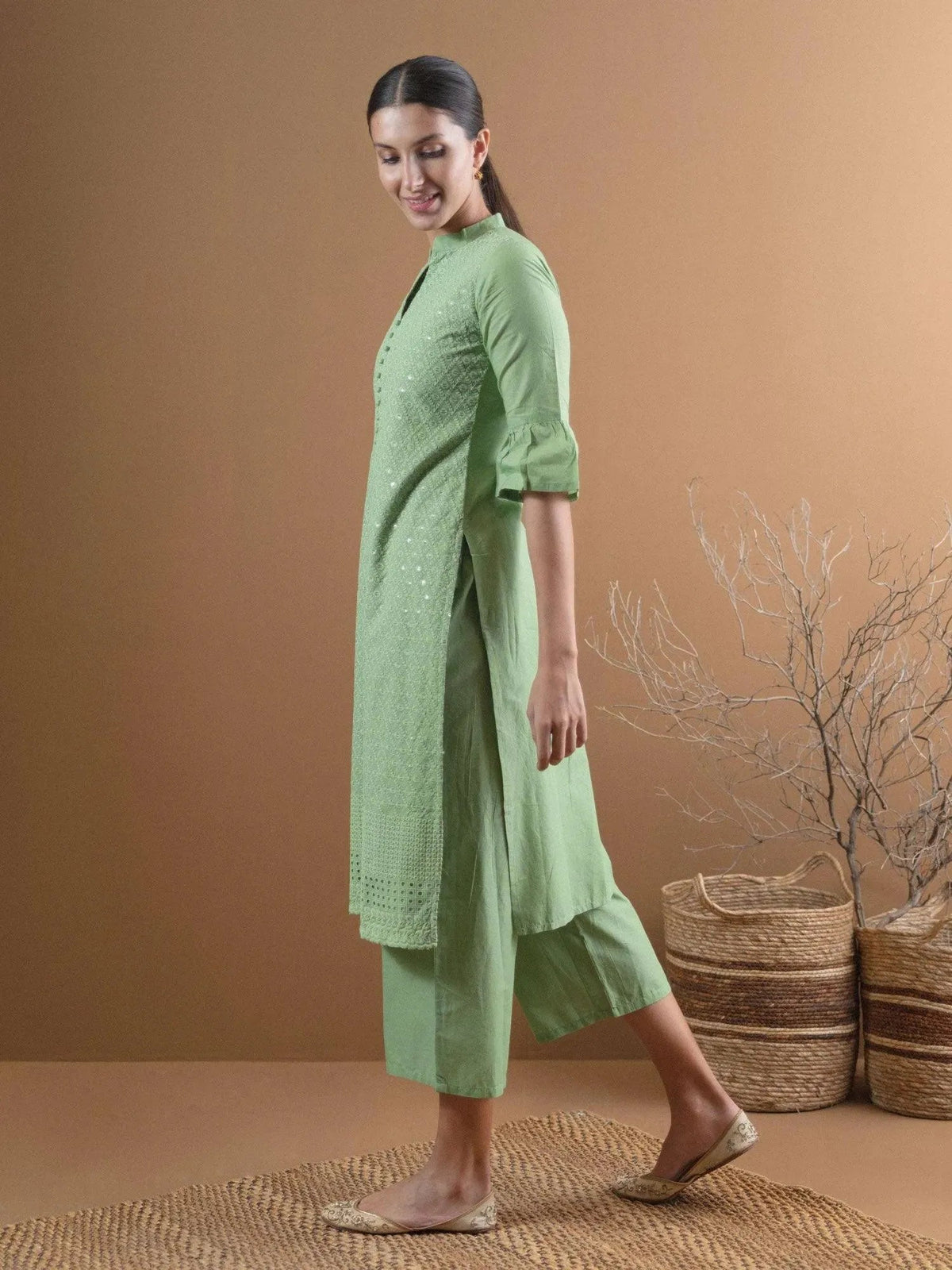 Anouk Green Schiffli Cotton Straight Kurta With Palazzos