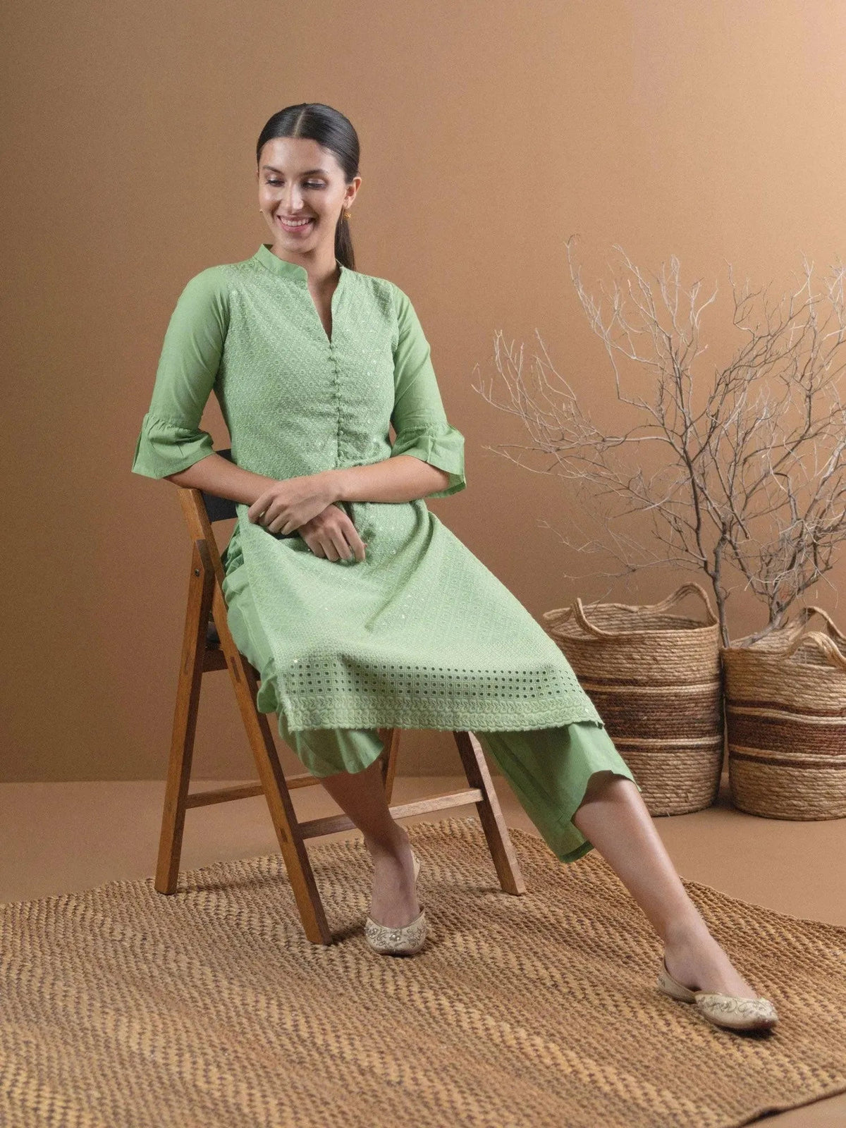 Anouk Green Schiffli Cotton Straight Kurta With Palazzos