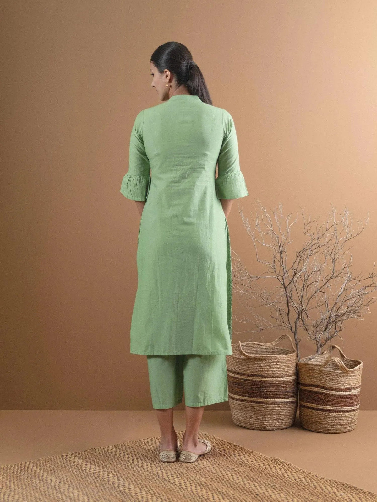 Anouk Green Schiffli Cotton Straight Kurta With Palazzos