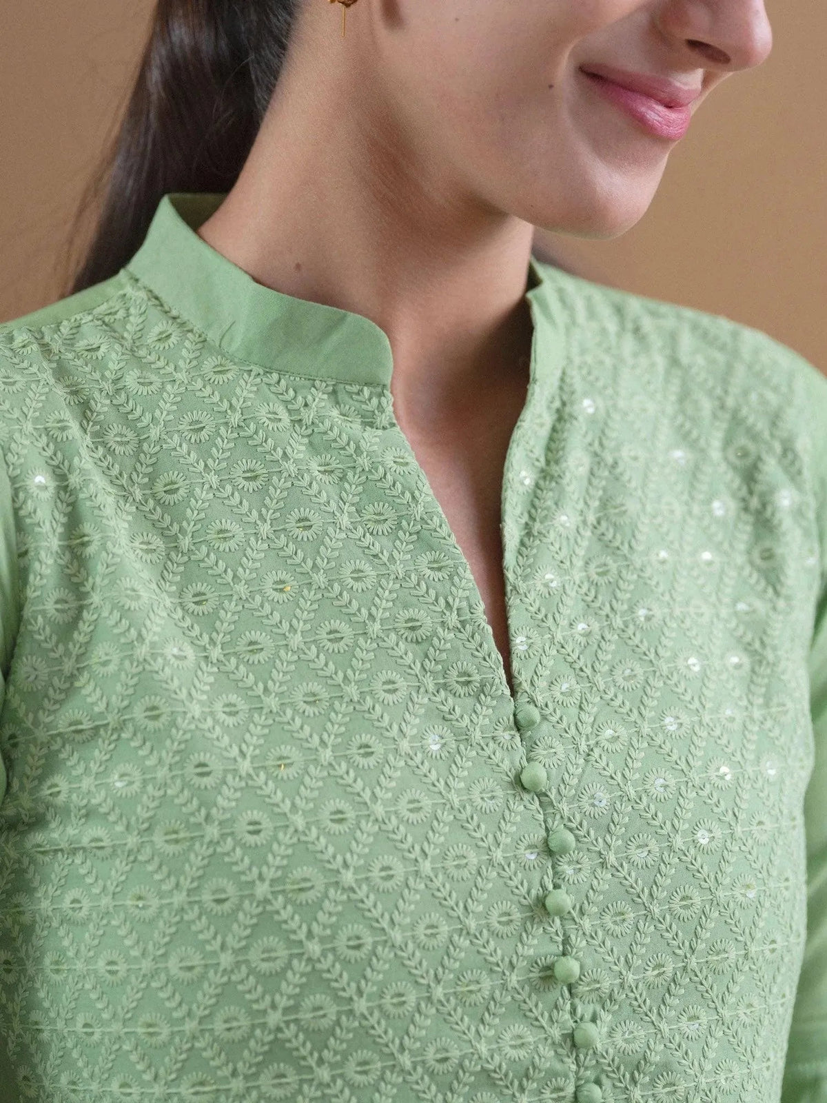 Anouk Green Schiffli Cotton Straight Kurta With Palazzos