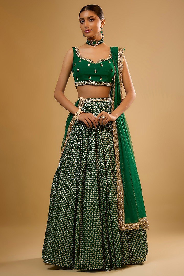 Green Sequins Georgette Lehenga