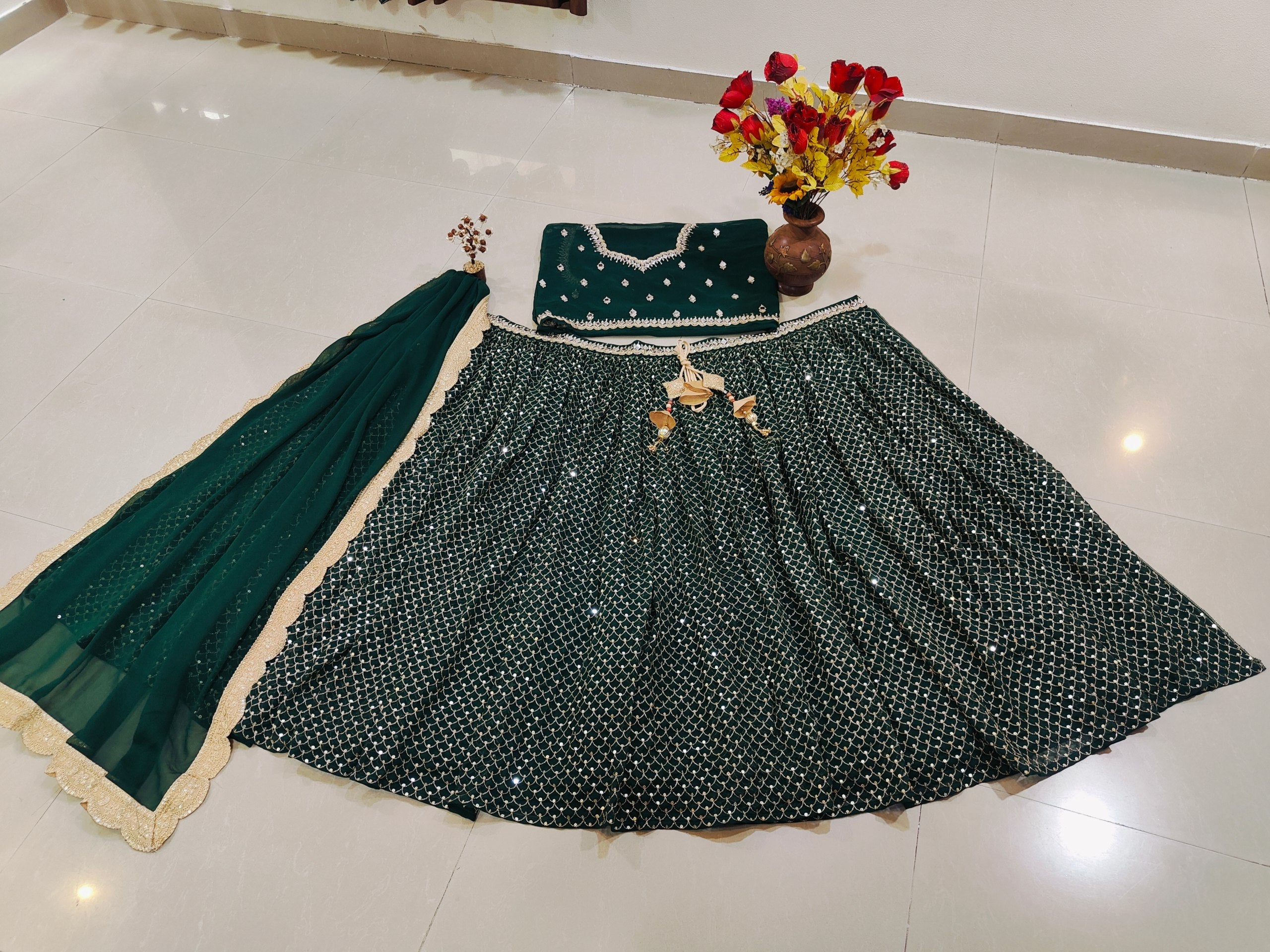 Green Sequins Georgette Lehenga